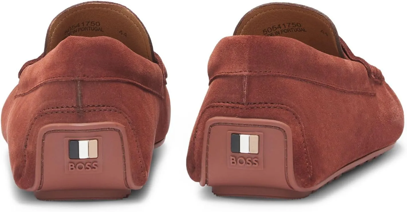 BOSS Mens Noel Mocc Portuguese-Crafted Moccasin Loafers in Suede with Penny Trim Size
