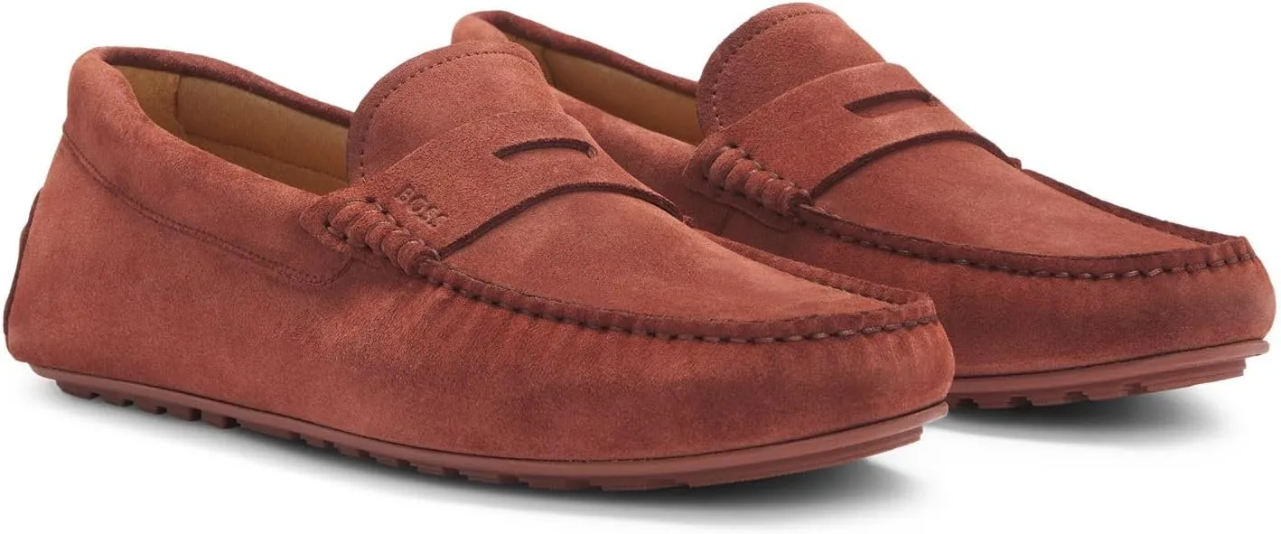 BOSS Mens Noel Mocc Portuguese-Crafted Moccasin Loafers in Suede with Penny Trim Size