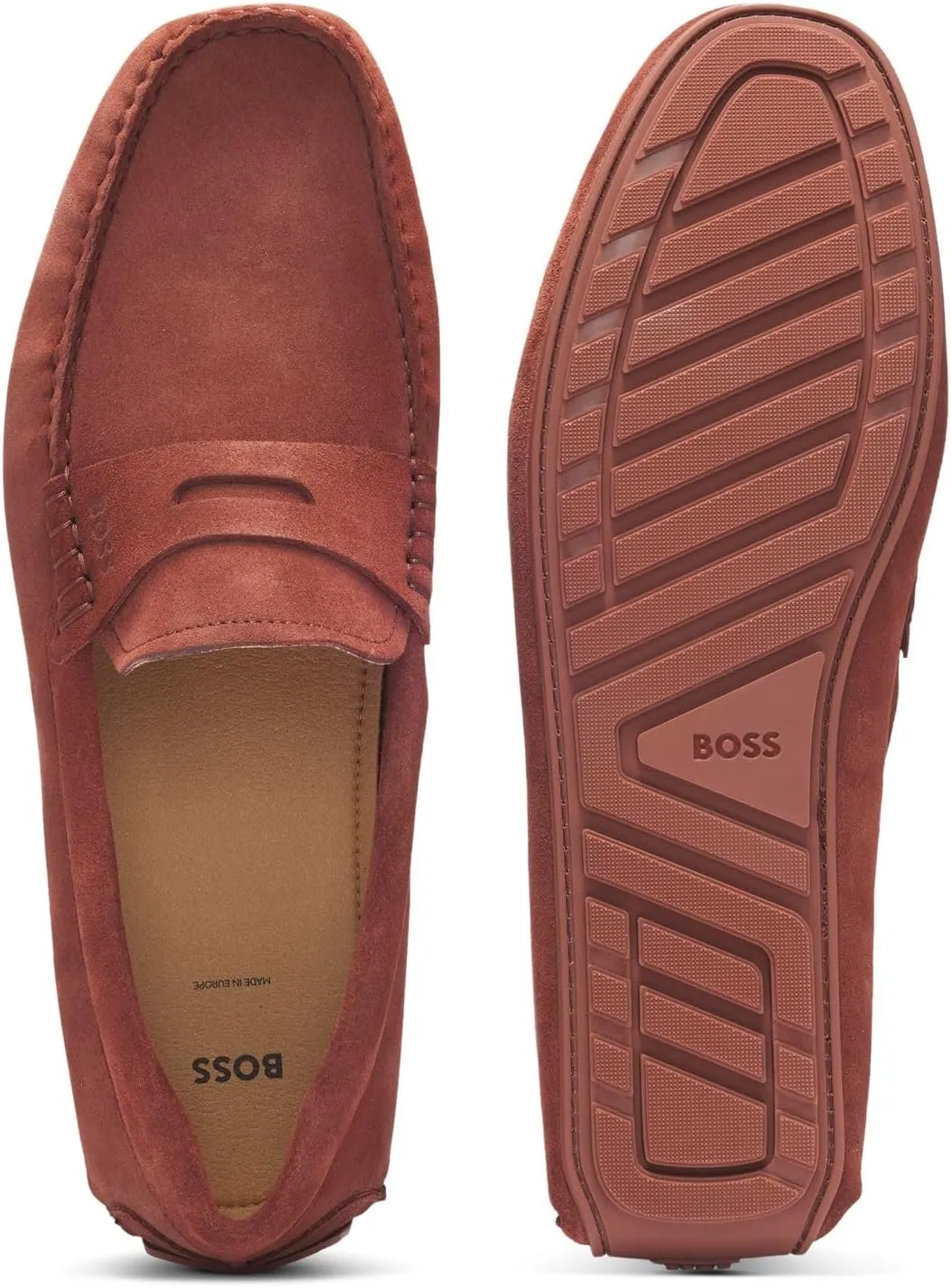BOSS Mens Noel Mocc Portuguese-Crafted Moccasin Loafers in Suede with Penny Trim Size