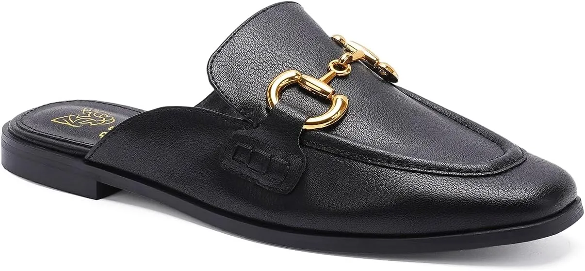 Buckle Mules for Women Flat Mules Slip-on Loafers Round Toe Backless Loafer Shoes Metal Chain Slides
