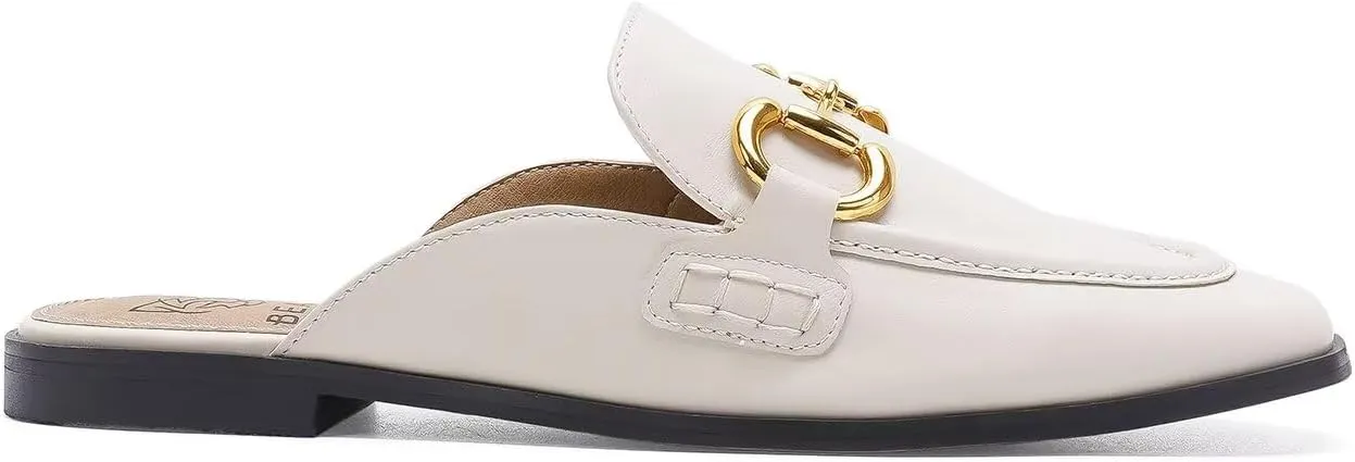 Buckle Mules for Women Flat Mules Slip-on Loafers Round Toe Backless Loafer Shoes Metal Chain Slides