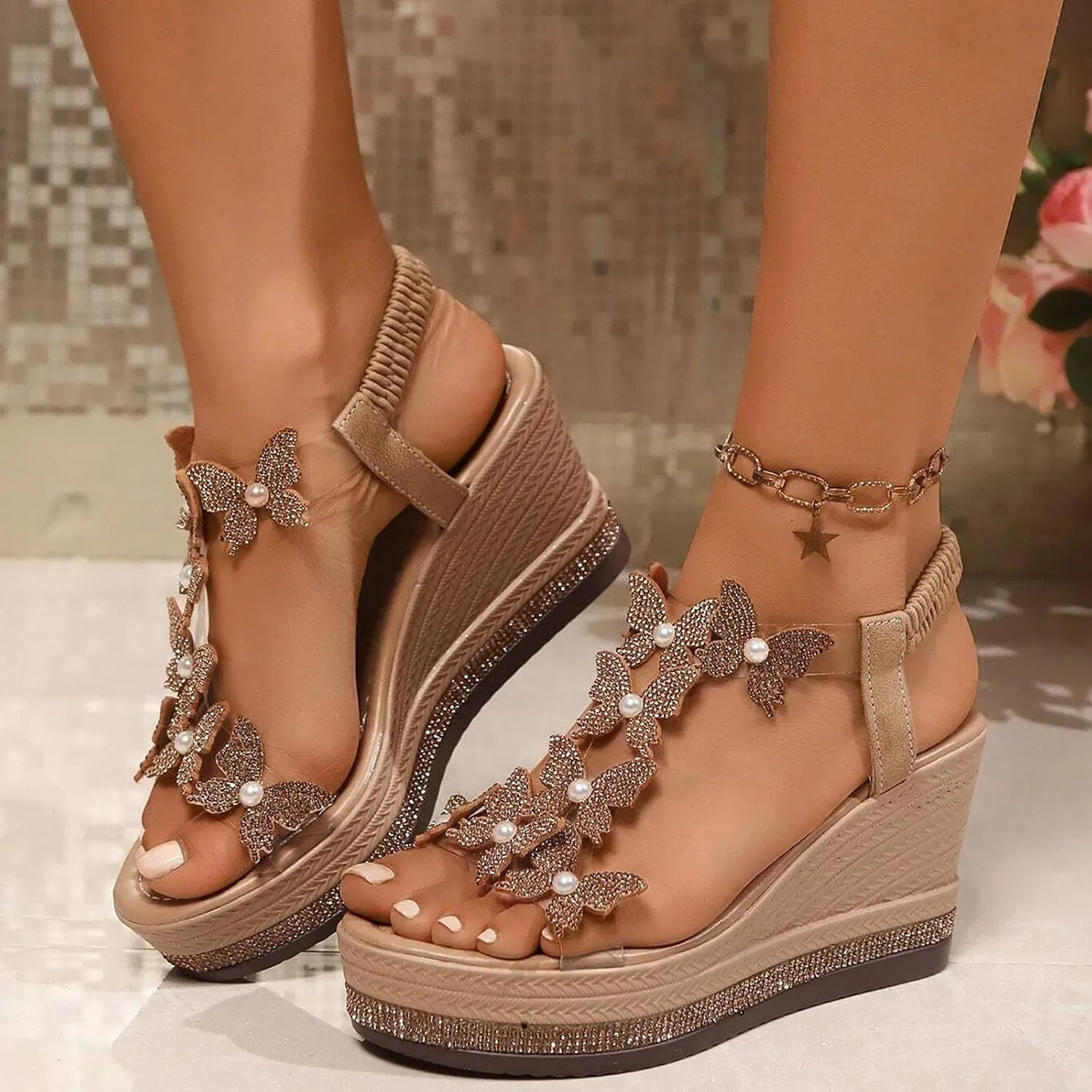 Butterfly Wedges for Women,High Heel Wedge Sandals with Butterfly Decor Slides Thick Soled Open Toe T Strap Thongs Shoes with Elastic Strap Boho Summer Beach