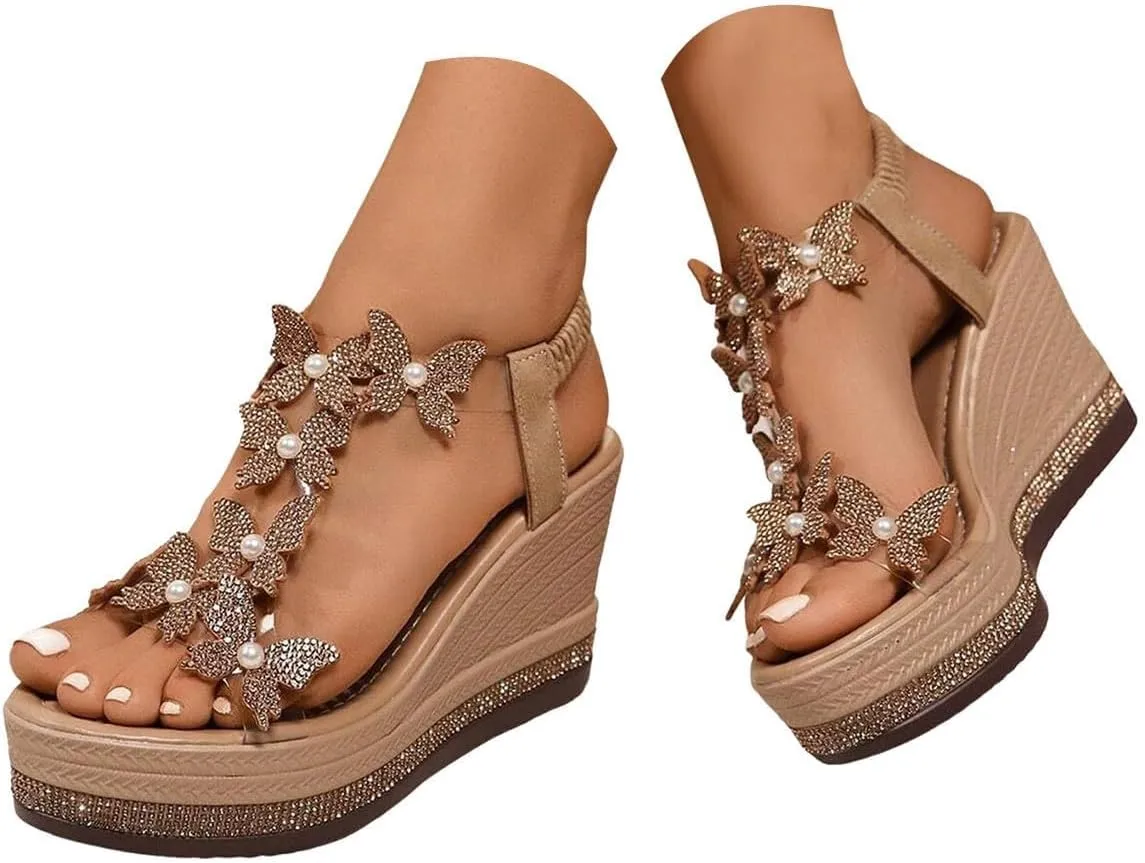 Butterfly Wedges for Women,High Heel Wedge Sandals with Butterfly Decor Slides Thick Soled Open Toe T Strap Thongs Shoes with Elastic Strap Boho Summer Beach
