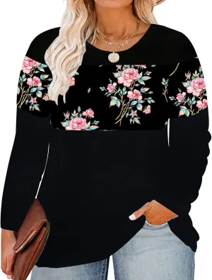 CARCOS Plus Size Tops for Women Color Block Flower/Striped/Camo Crew Neck Long Sleeve Tee Shirt
