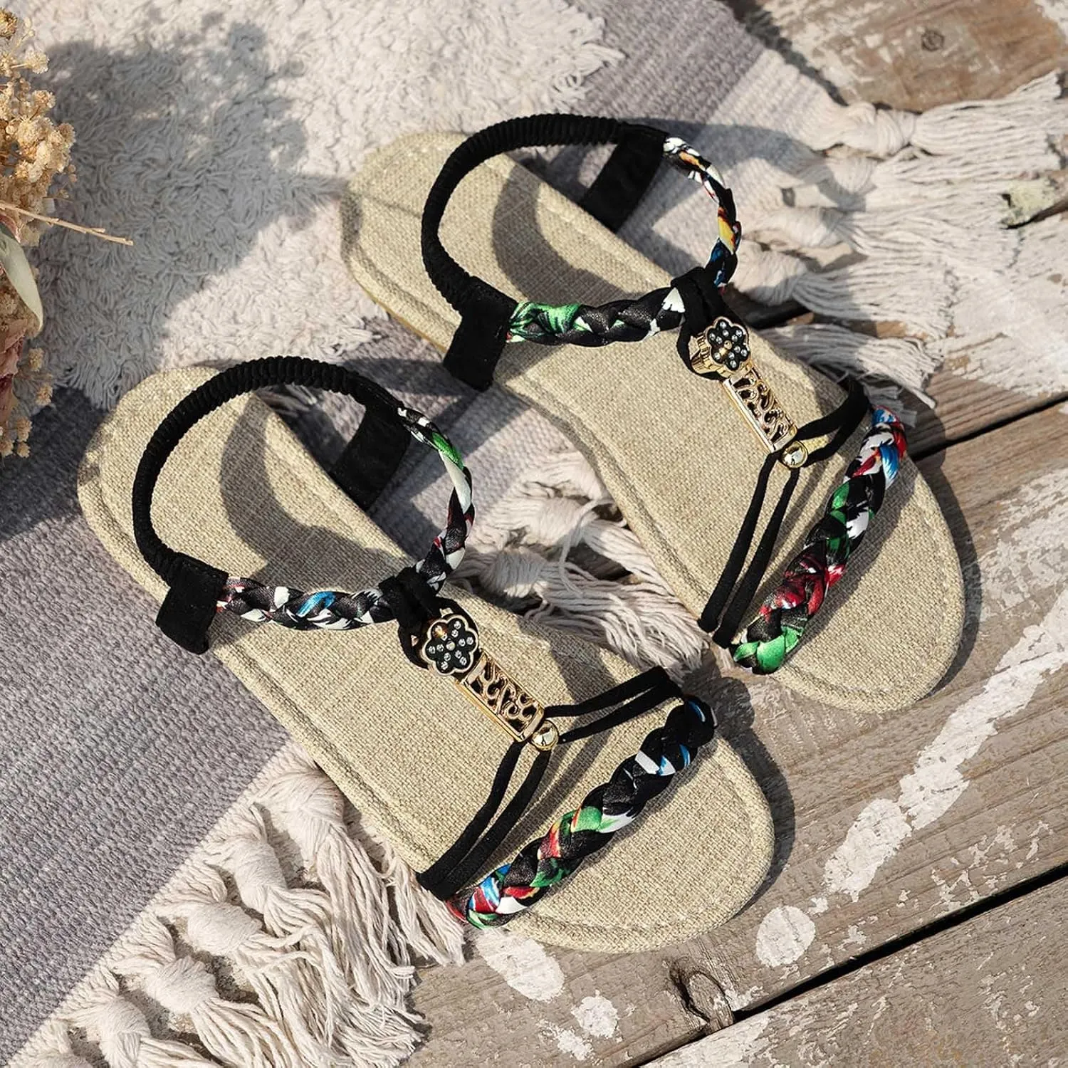 Casual Bohemian Beach Sandals Orthopedic Wedge Sandals for Women Ankle Strap Flip Flops Open Toe Jeweled Flat Sandals 2025