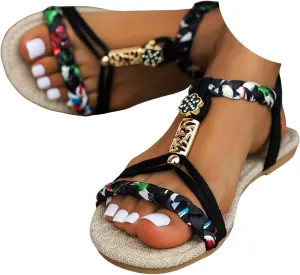 Casual Bohemian Beach Sandals Orthopedic Wedge Sandals for Women Ankle Strap Flip Flops Open Toe Jeweled Flat Sandals 2025