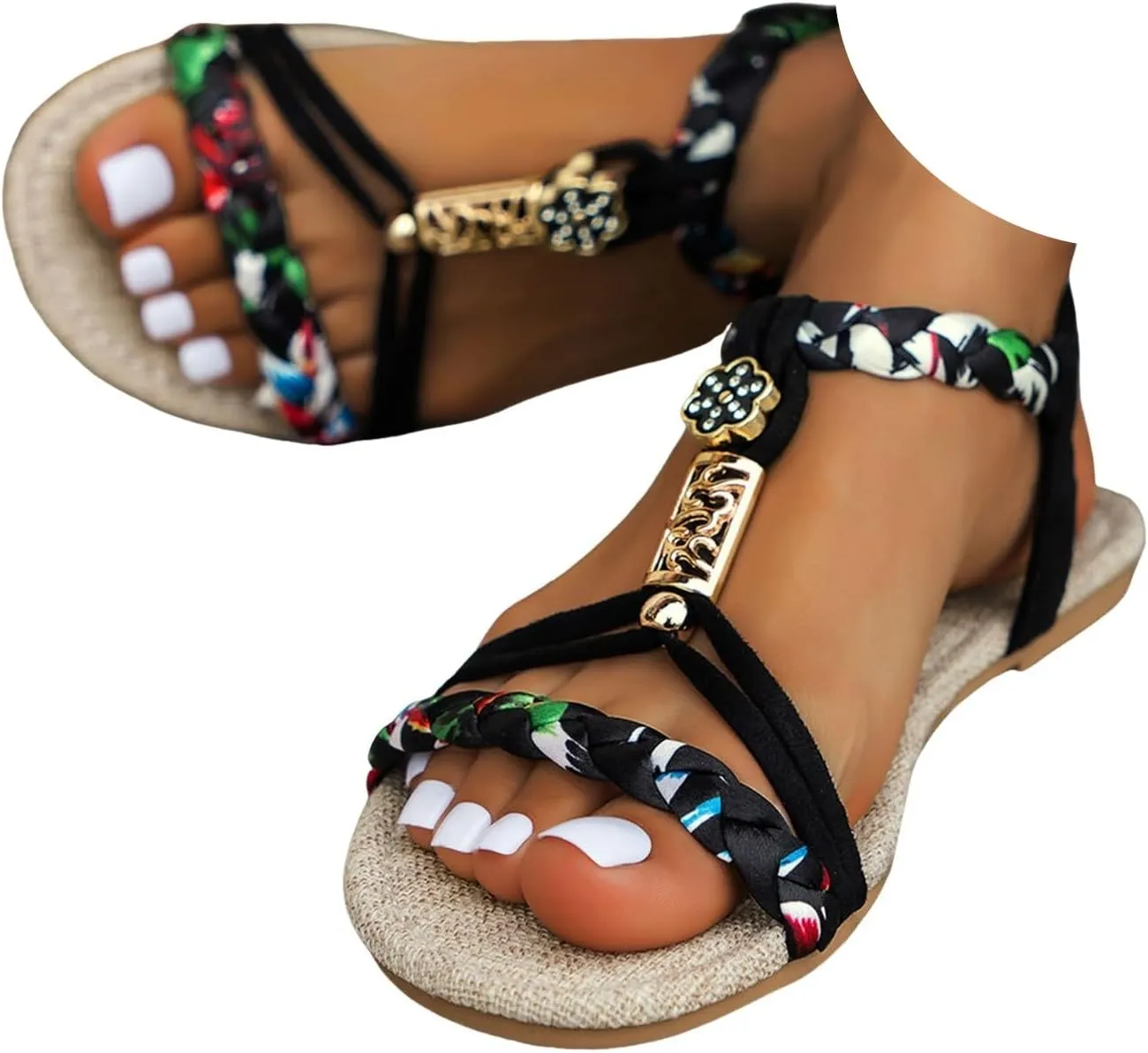 Casual Bohemian Beach Sandals Orthopedic Wedge Sandals for Women Ankle Strap Flip Flops Open Toe Jeweled Flat Sandals 2025