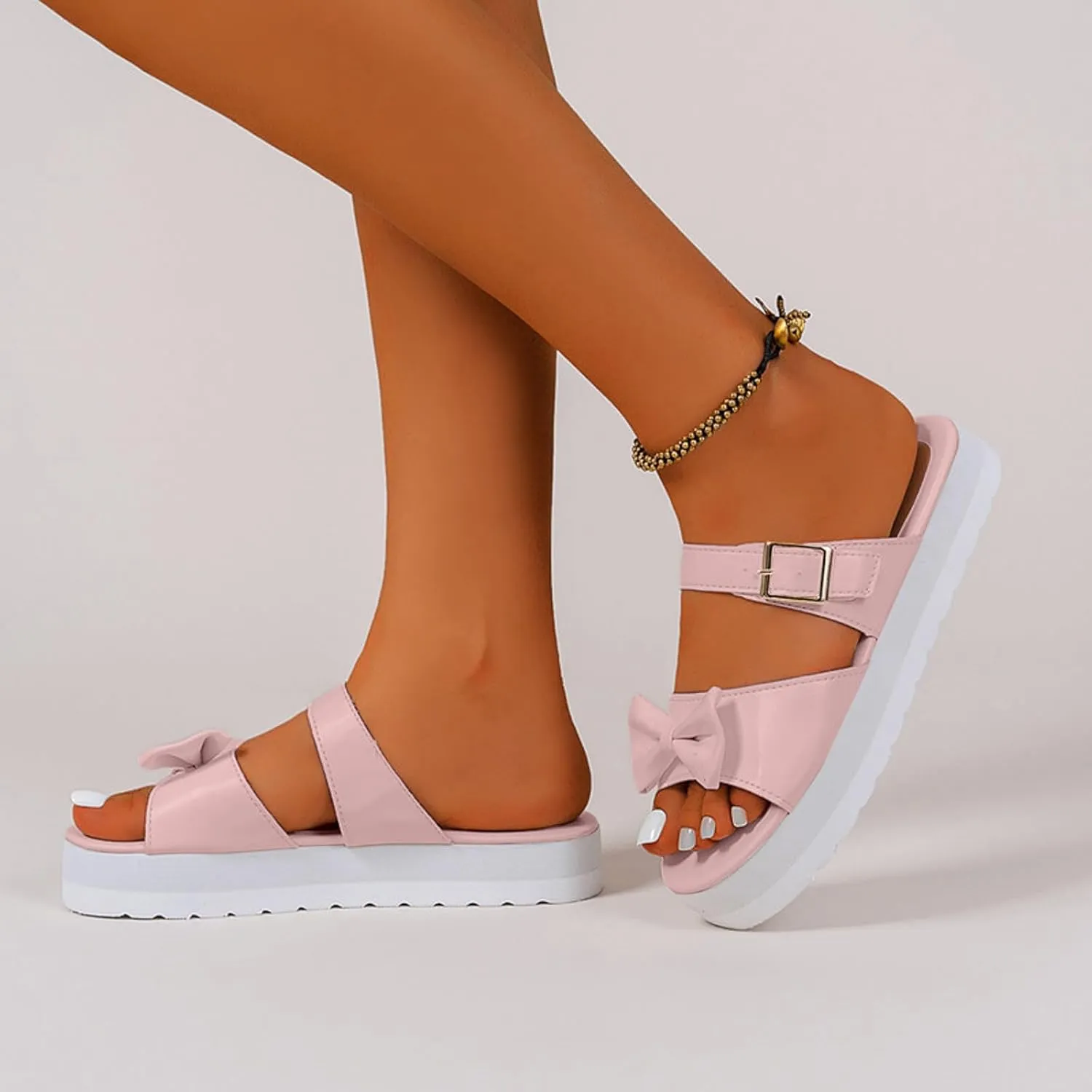 Casual Walking Wedges Thick Soled Open Toe Sandals Beach Shoes One Line Solid Color Versatile Bowknot Women's Casual