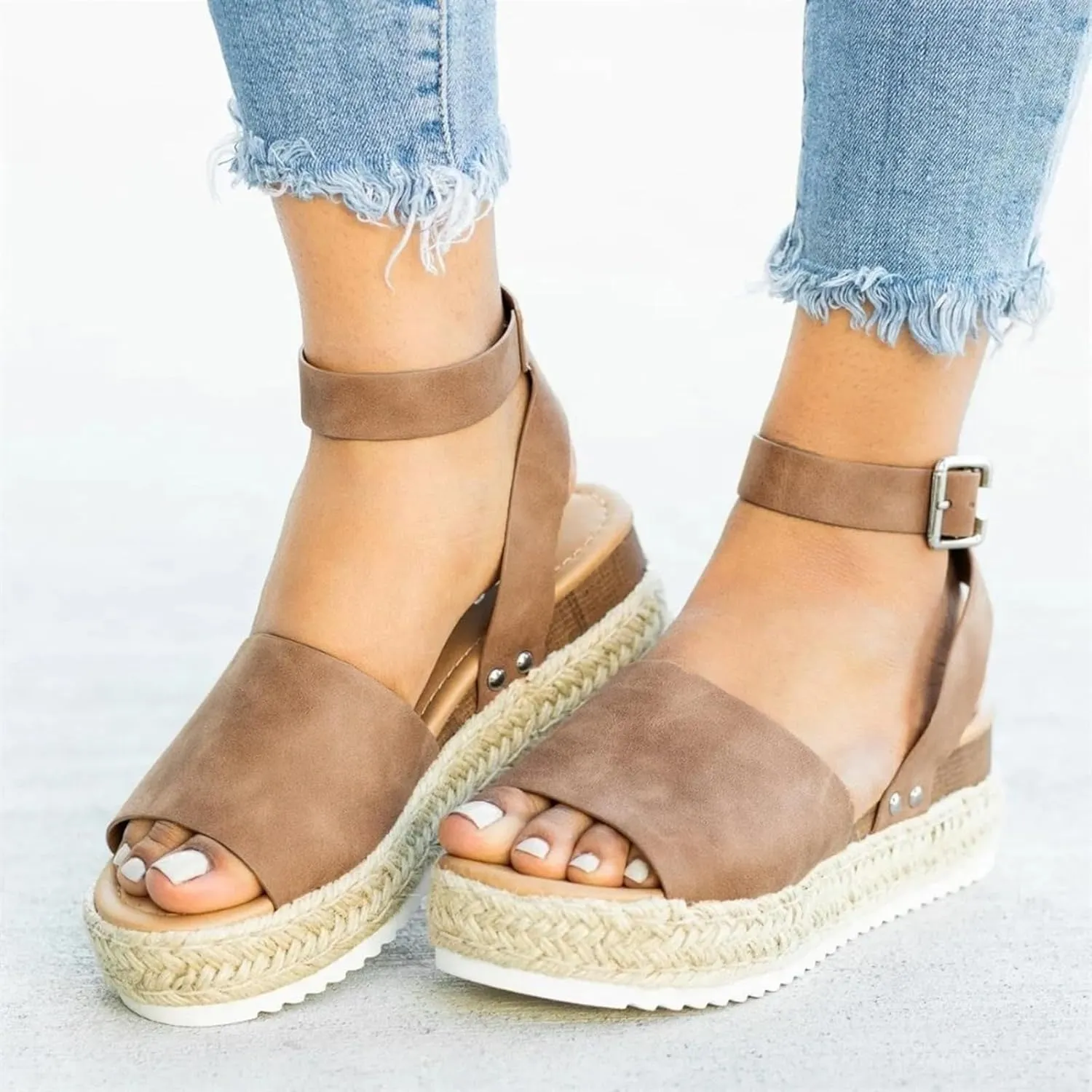 Cathalem Summer Sandals for Women 2025 Flat Open Toe Ankle Strap Espadrilles Flatform Platform Wedge Sandals Women
