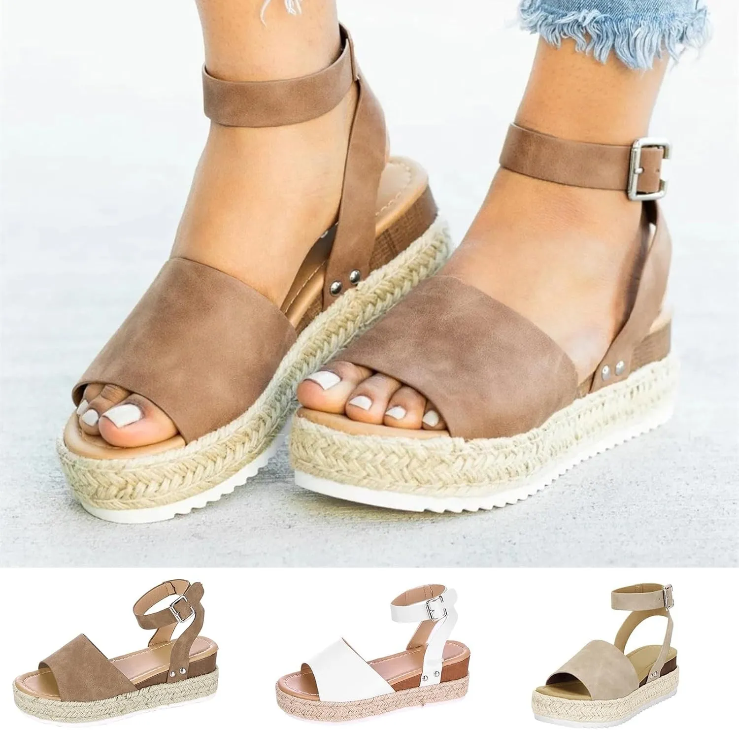 Cathalem Summer Sandals for Women 2025 Flat Open Toe Ankle Strap Espadrilles Flatform Platform Wedge Sandals Women