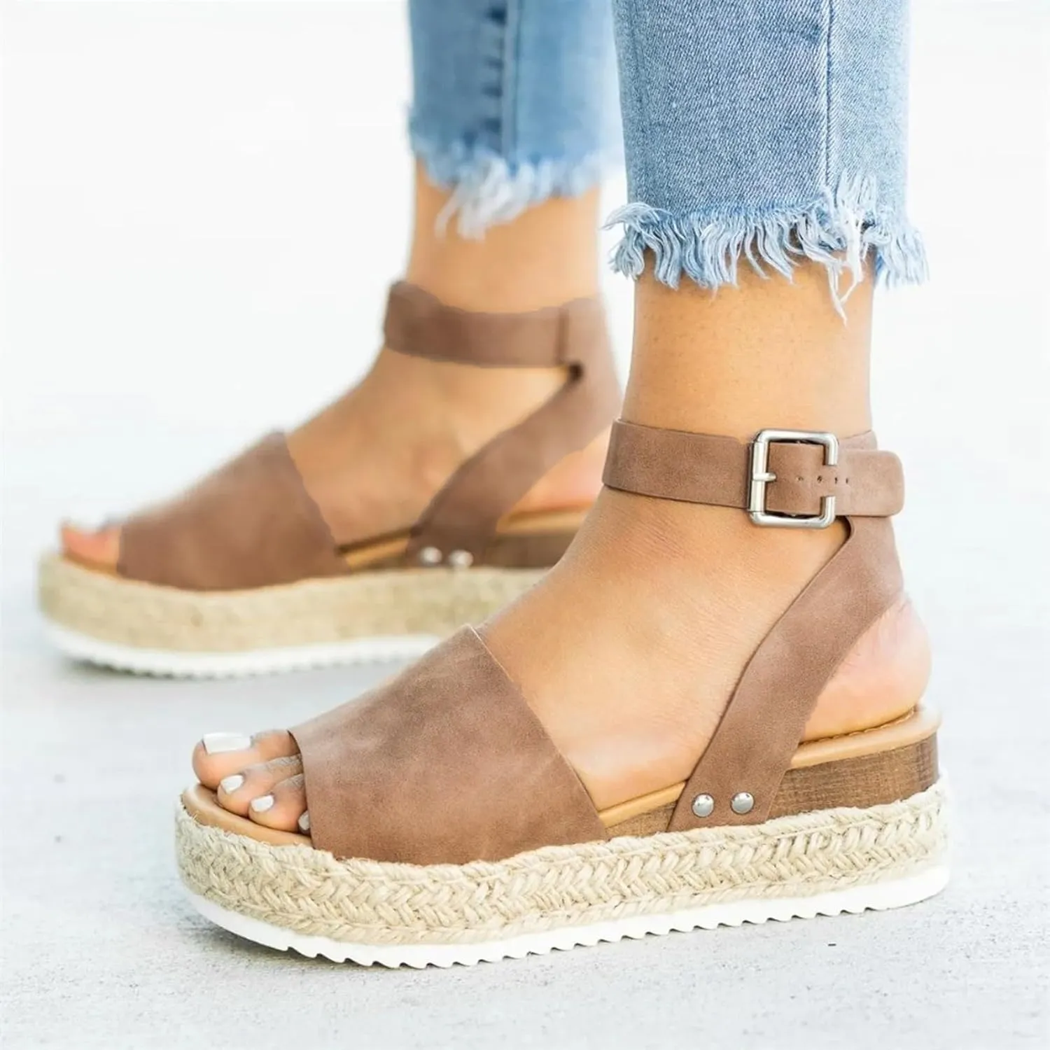 Cathalem Summer Sandals for Women 2025 Flat Open Toe Ankle Strap Espadrilles Flatform Platform Wedge Sandals Women