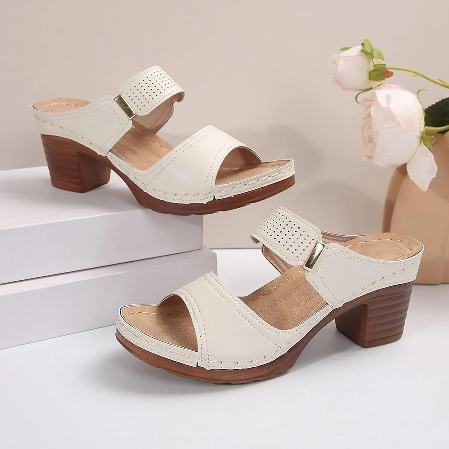 Chunky Heel Slippers Open Toe Summer Slip on Dressy Wedge Sandals Square Toe Block Heel Mule Sandals Womens Comfy Wedge Orthopedic Sandal Lightweight Breathable Platform Slippers