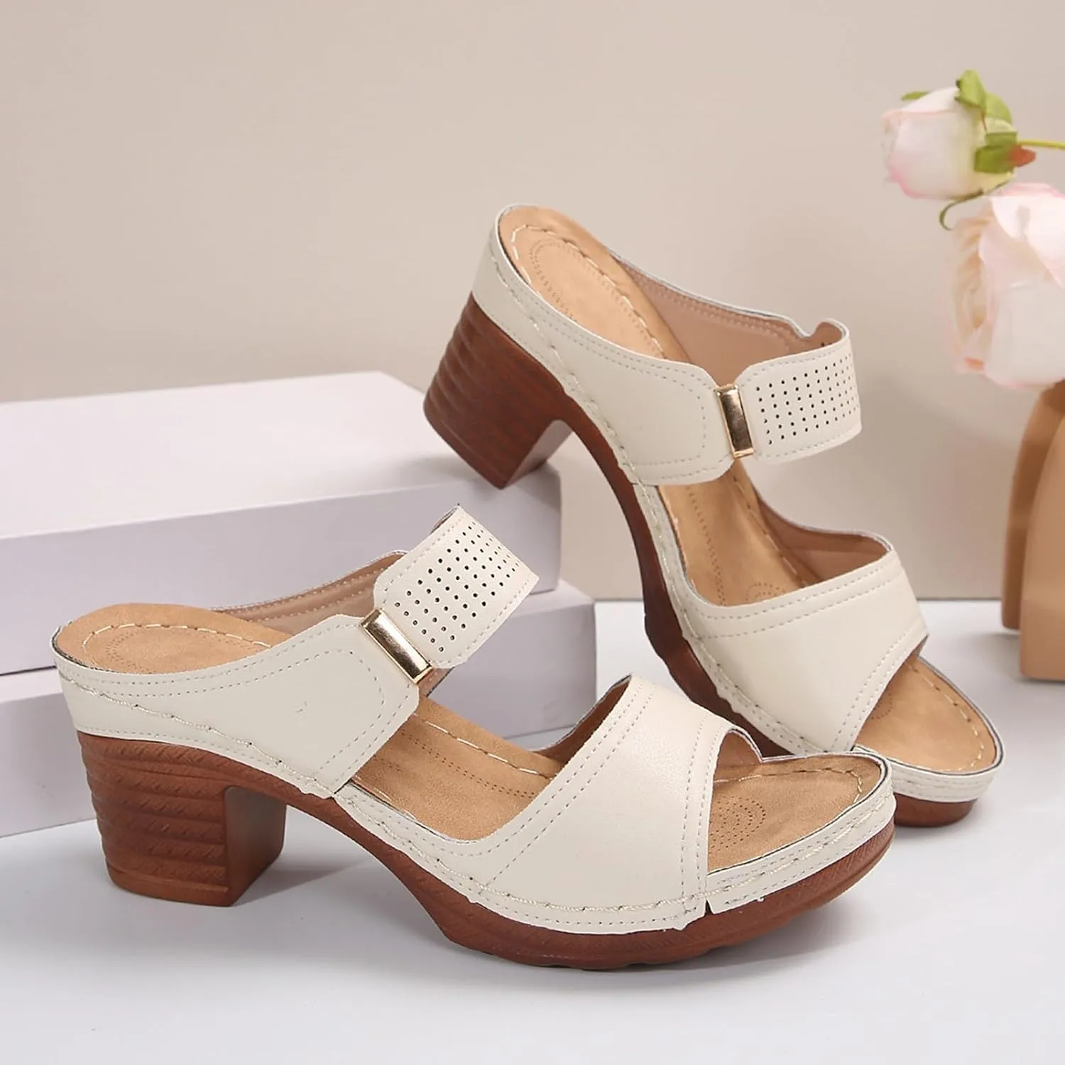 Chunky Heel Slippers Open Toe Summer Slip on Dressy Wedge Sandals Square Toe Block Heel Mule Sandals Womens Comfy Wedge Orthopedic Sandal Lightweight Breathable Platform Slippers