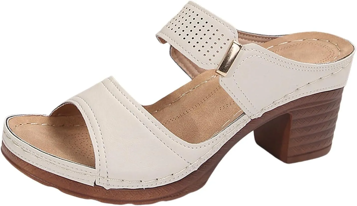 Chunky Heel Slippers Open Toe Summer Slip on Dressy Wedge Sandals Square Toe Block Heel Mule Sandals Womens Comfy Wedge Orthopedic Sandal Lightweight Breathable Platform Slippers