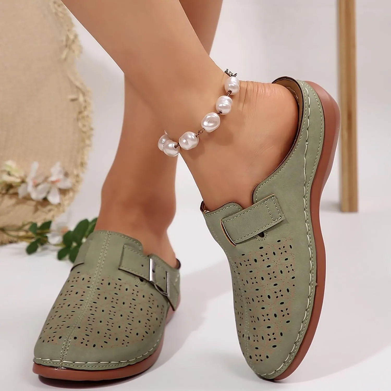 Clogs for Women Mules Shoes Arch Support Slip on Sandals Backless Low Wedge Shoes Adjustable Hook Loop Sandals Summer Walking Low Wedge Sandal Vacation Travel Shoe
