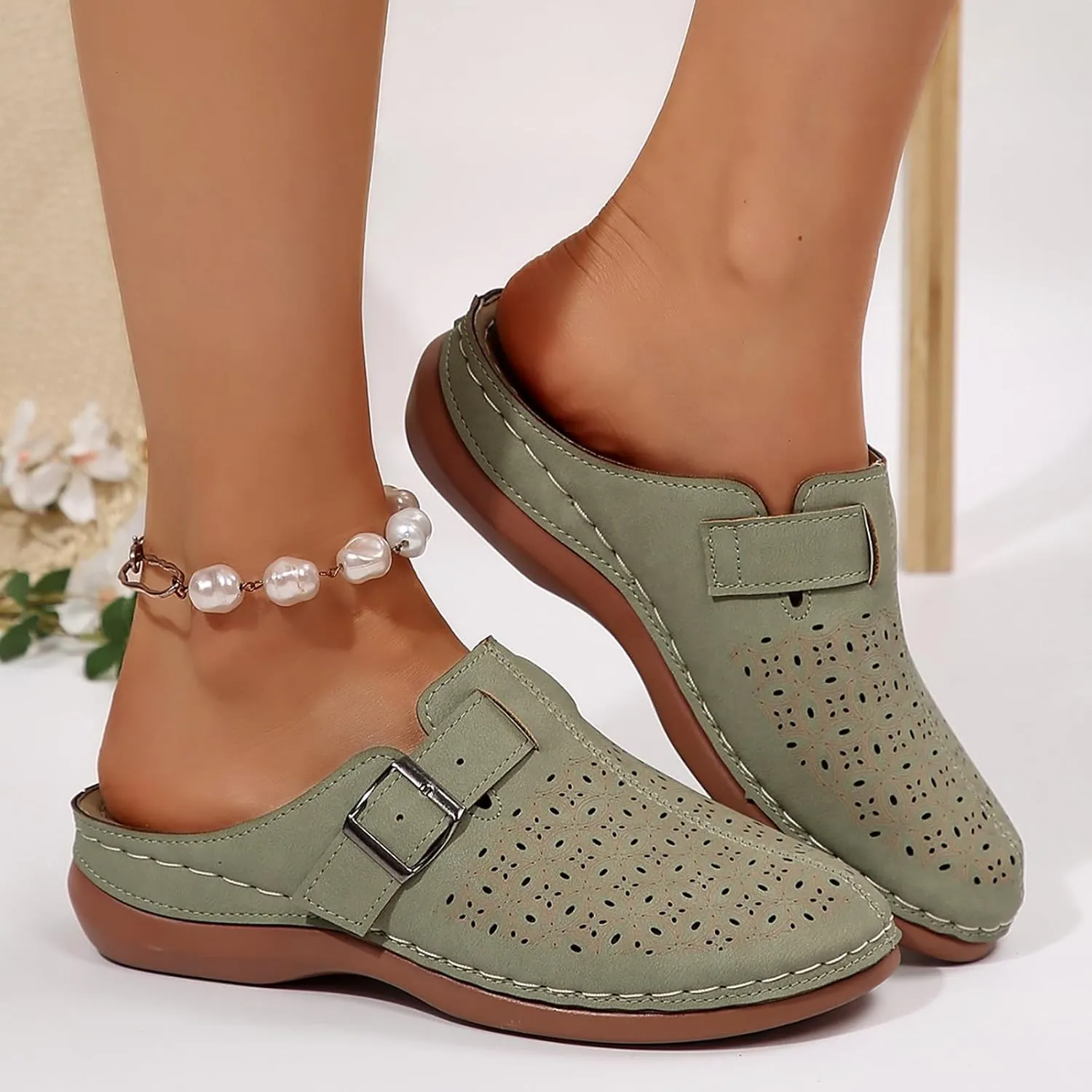 Clogs for Women Mules Shoes Arch Support Slip on Sandals Backless Low Wedge Shoes Adjustable Hook Loop Sandals Summer Walking Low Wedge Sandal Vacation Travel Shoe