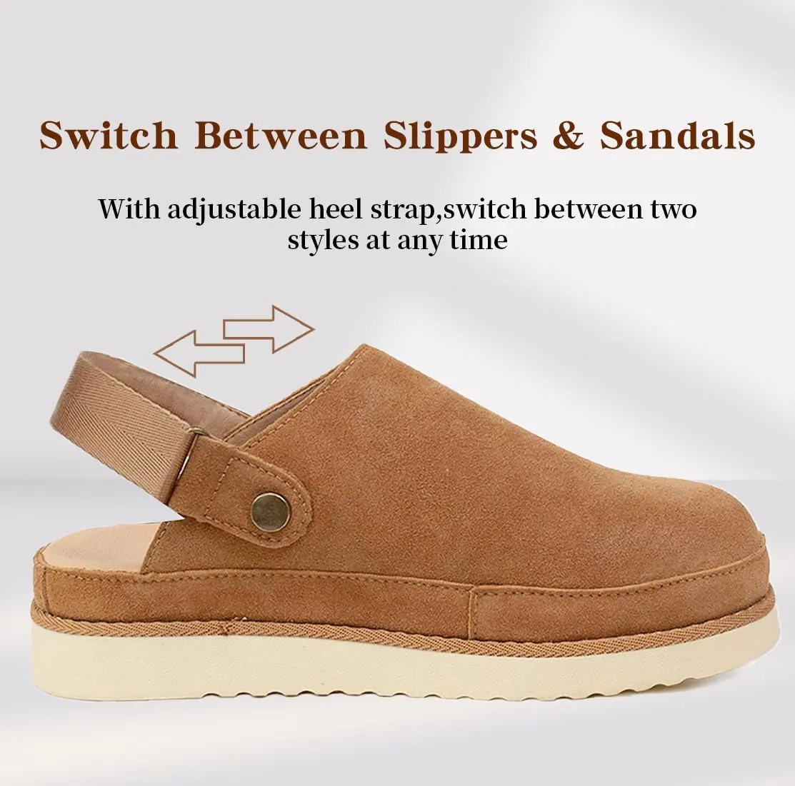Clogs for Women Platform Genuine Leather Suede Women's Mules & Clogs with Strap Slip on Shoes Sandals Arch Support Adjustable Slip-On Indoor and Outdoor