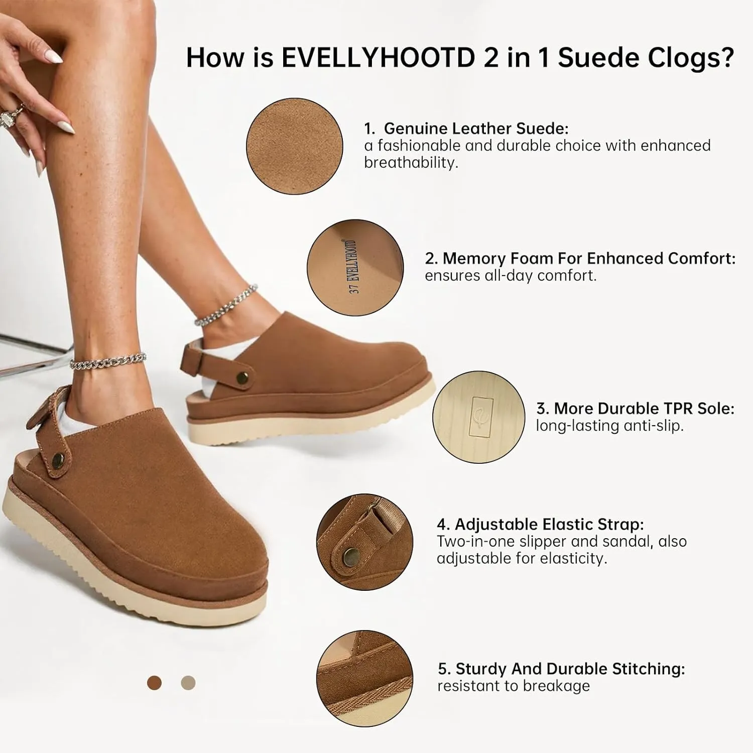 Clogs for Women Platform Genuine Leather Suede Women's Mules & Clogs with Strap Slip on Shoes Sandals Arch Support Adjustable Slip-On Indoor and Outdoor