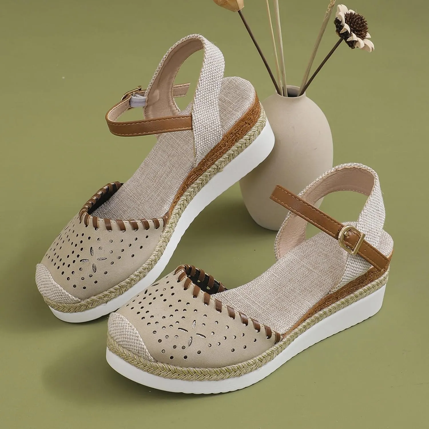 Closed Toe Platform Sandals for Women Buckle Ankle Strap Espadrilles Dressy Platform Shoes Summer Anti Slip Wedges Shoes