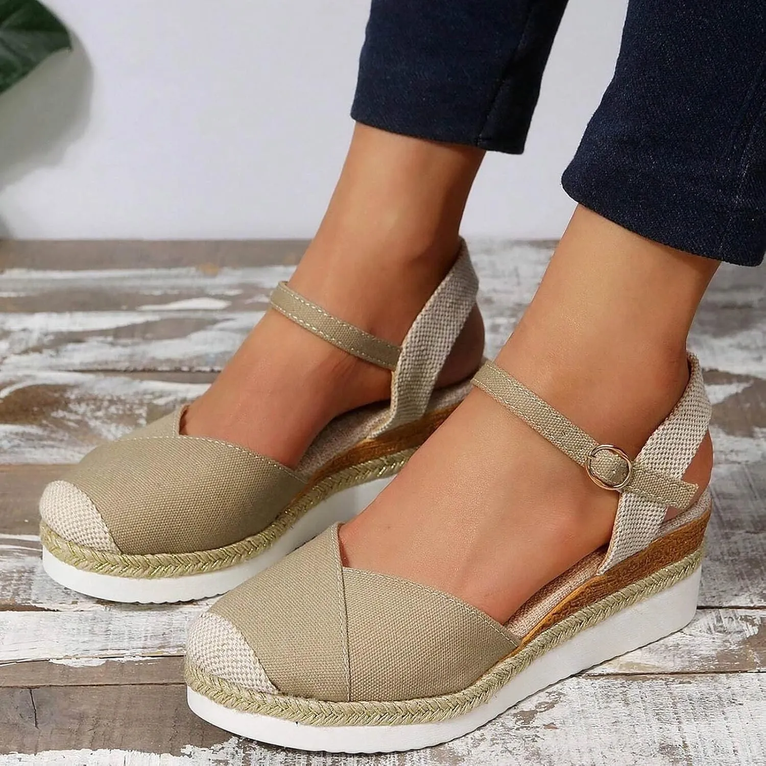 Closed Toe Platform Sandals for Women Buckle Ankle Strap Espadrilles Dressy Platform Shoes Summer Anti Slip Wedges Shoes