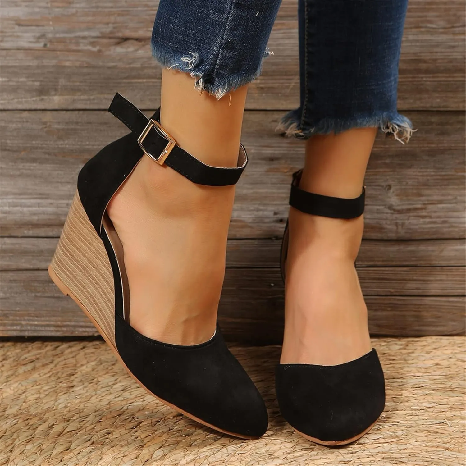 Closed Toe Wedges Heels for Women Dressy Platform Wedge Sandals Ankle Strap Heeled Espadrilles Sandals Ladies Comfortable Cork Summer Dress Shoes for Beach Wedding