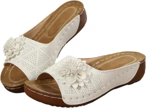 Comfort Sandals for Women Summer Wedge Low Heel Open Toe Slides Trendy Casual Flower Color Block Wedge Sandals Breathable Slip On Orthopedic Arch Support Shoes