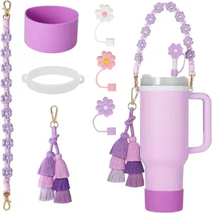 Compatible with Stanley Cup Accessories Set,Cup Accessories for 30oz 40oz Tumbler,Including Silicone Water Bottle Handle Strap,Boot,Tassels Charms,Flower Straw Topper Cover Cap for Stanley