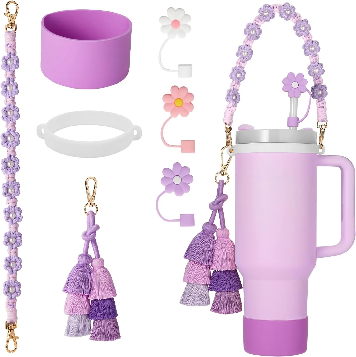 Compatible with Stanley Cup Accessories Set,Cup Accessories for 30oz 40oz Tumbler,Including Silicone Water Bottle Handle Strap,Boot,Tassels Charms,Flower Straw Topper Cover Cap for Stanley