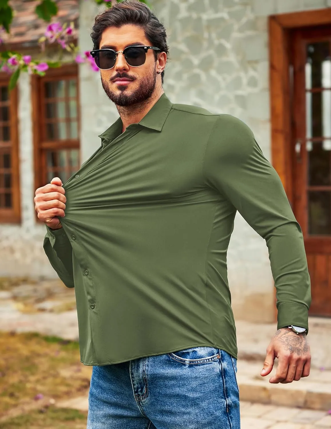 COOFANDY Men's Muscle Fit Dress Shirts Wrinkle Free Long Sleeve Button Down Shirt Stretch Business Shirt