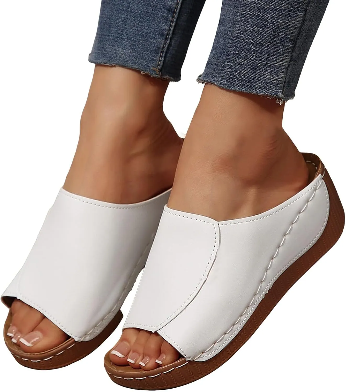 Cork Platform Sandals For Women Open Toe Wide Width Orthopedic Wedge Sandals Comfortable Summer Dressy Slip On Slides
