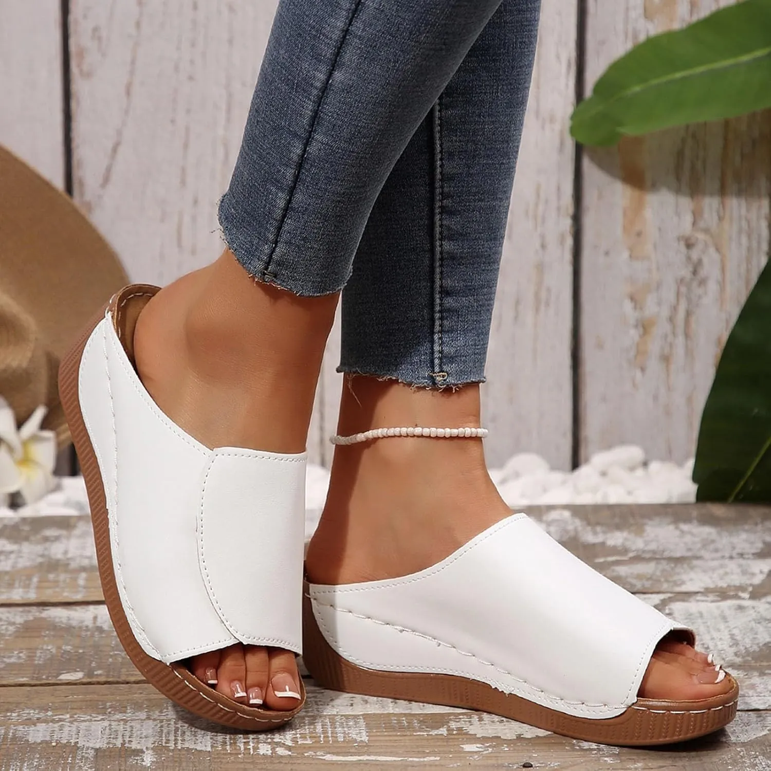 Cork Platform Sandals For Women Open Toe Wide Width Orthopedic Wedge Sandals Comfortable Summer Dressy Slip On Slides