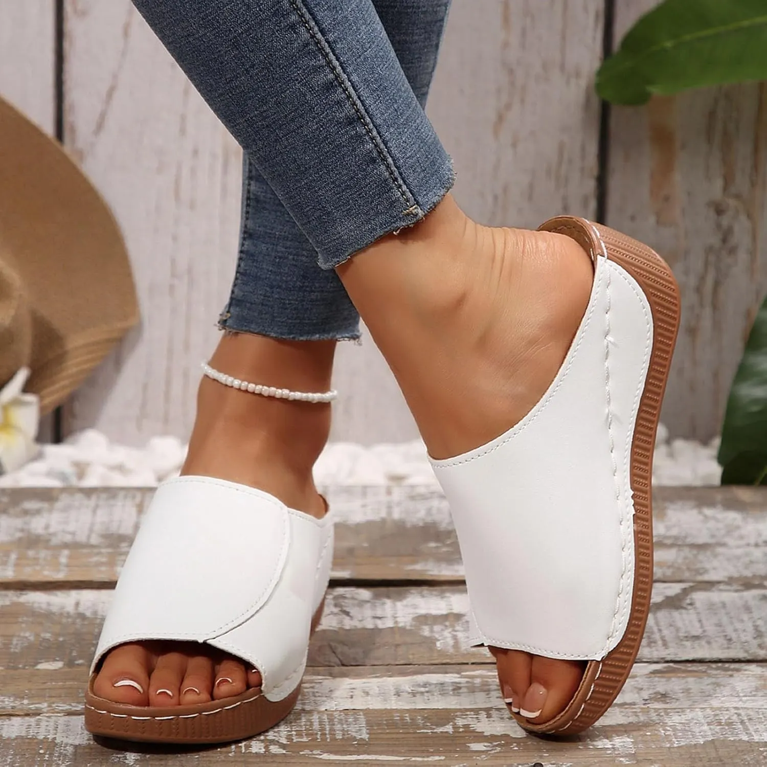 Cork Platform Sandals For Women Open Toe Wide Width Orthopedic Wedge Sandals Comfortable Summer Dressy Slip On Slides
