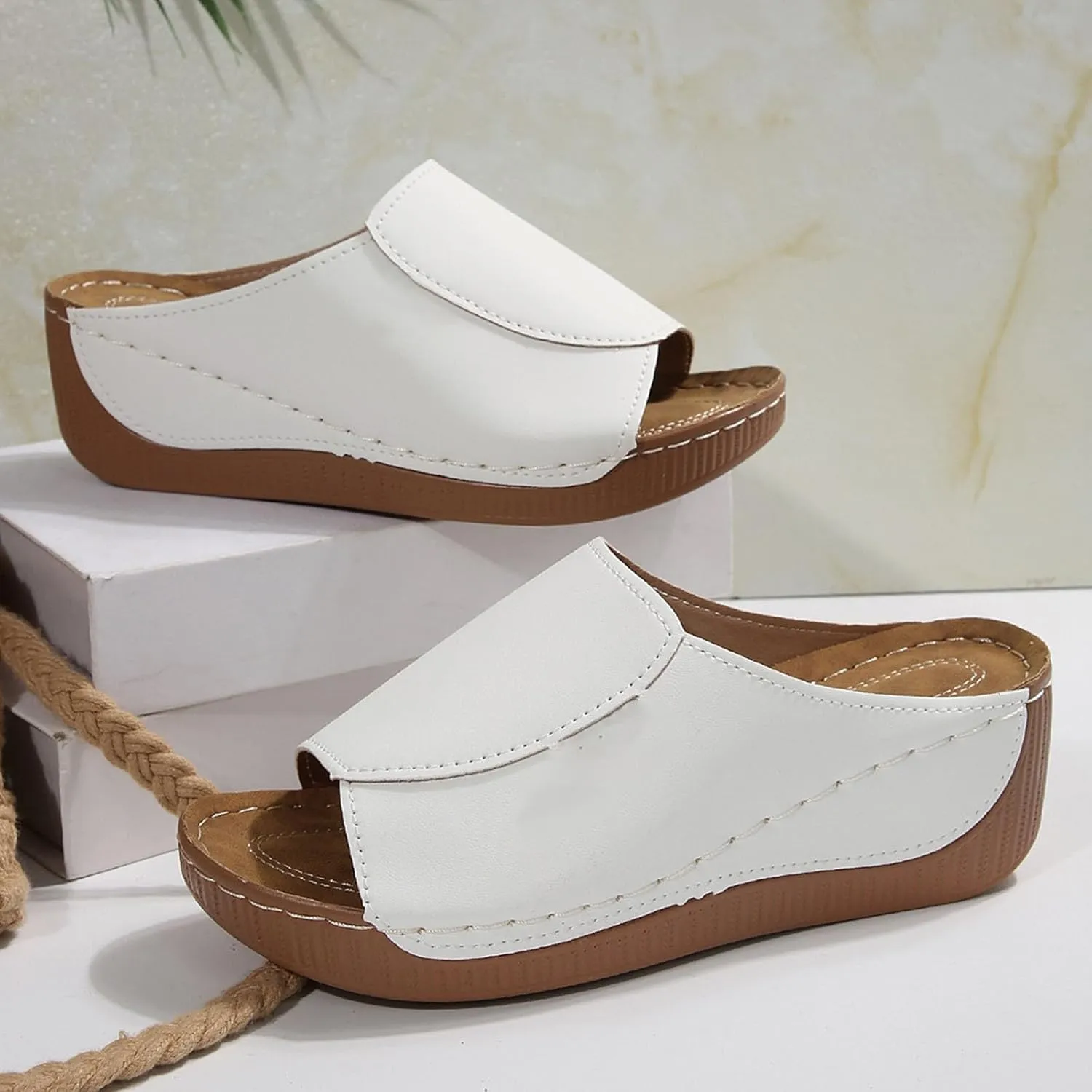Cork Platform Sandals For Women Open Toe Wide Width Orthopedic Wedge Sandals Comfortable Summer Dressy Slip On Slides
