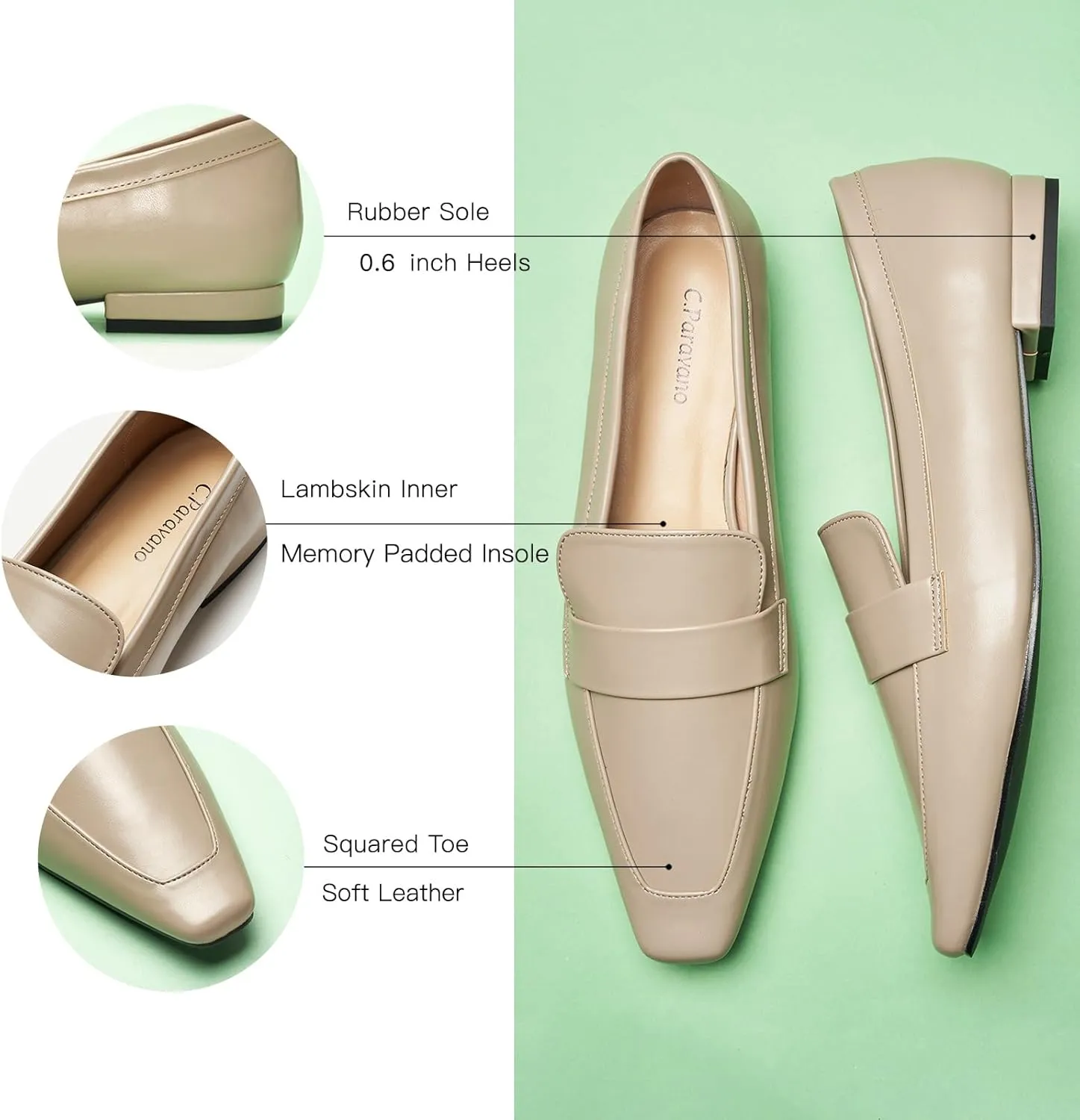 C.Paravano Women's Flat Loafers, Slip-on Penny Loafers for Formal & Casual Wear, Square Toe Comfort Flats for Office
