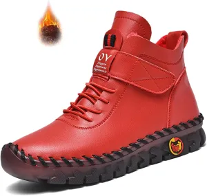 CrazySavage Womens Leather High Top Warm Snow Boots Winter Fur Lined Thickening Thermal Villi Softsole Anti-Slip Ankle Booties Mom Handmade Loafers