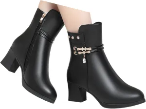 Crzidha Womens Heeled Ankle Boots,Fashion Leather Block Heel Booties Comfortable Arch Support Casual Walking Party Dance Shoes Formal Business Work Shoes with Side Zipper Stylish Rhinestones
