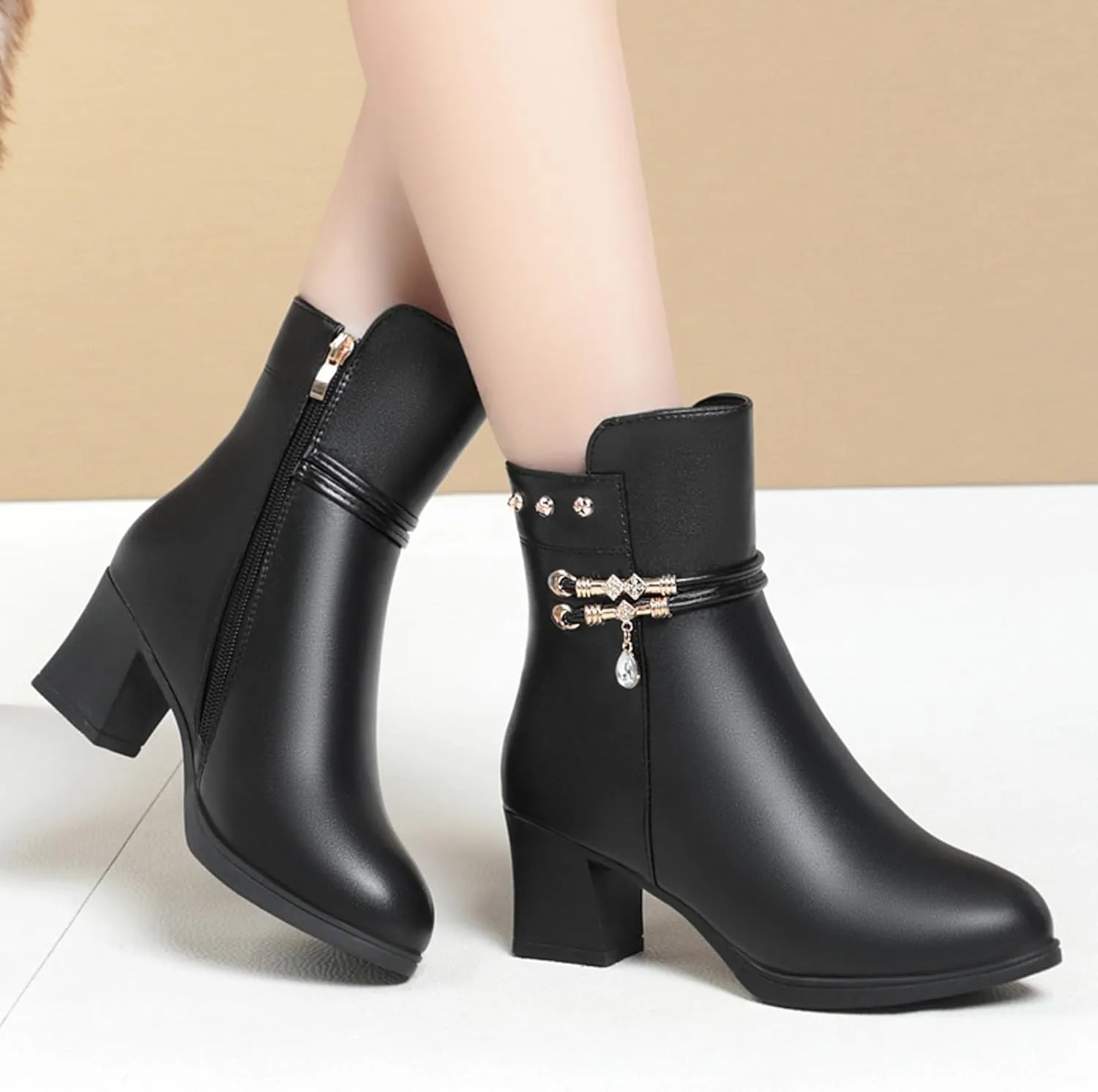 Crzidha Womens Heeled Ankle Boots,Fashion Leather Block Heel Booties Comfortable Arch Support Casual Walking Party Dance Shoes Formal Business Work Shoes with Side Zipper Stylish Rhinestones