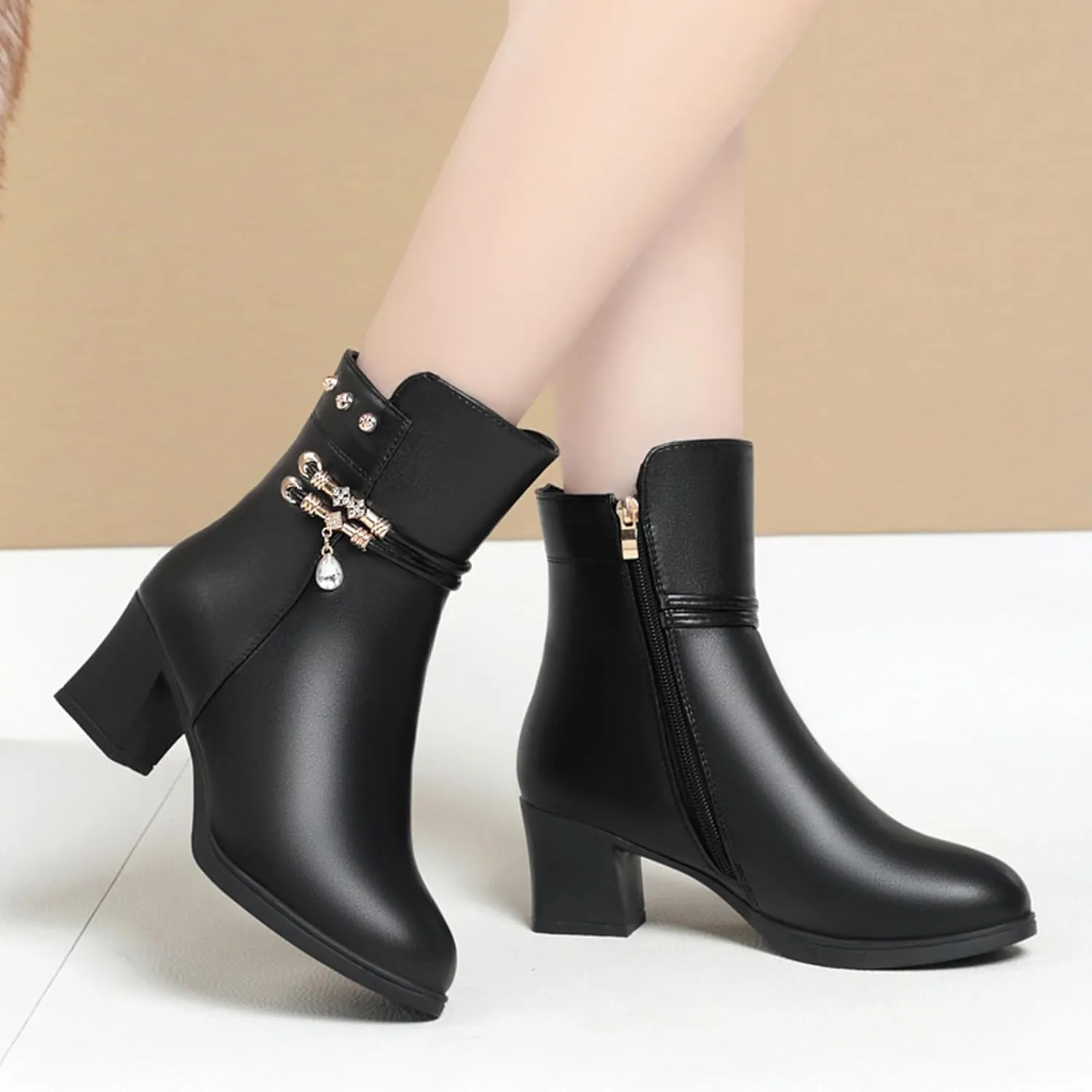 Crzidha Womens Heeled Ankle Boots,Fashion Leather Block Heel Booties Comfortable Arch Support Casual Walking Party Dance Shoes Formal Business Work Shoes with Side Zipper Stylish Rhinestones