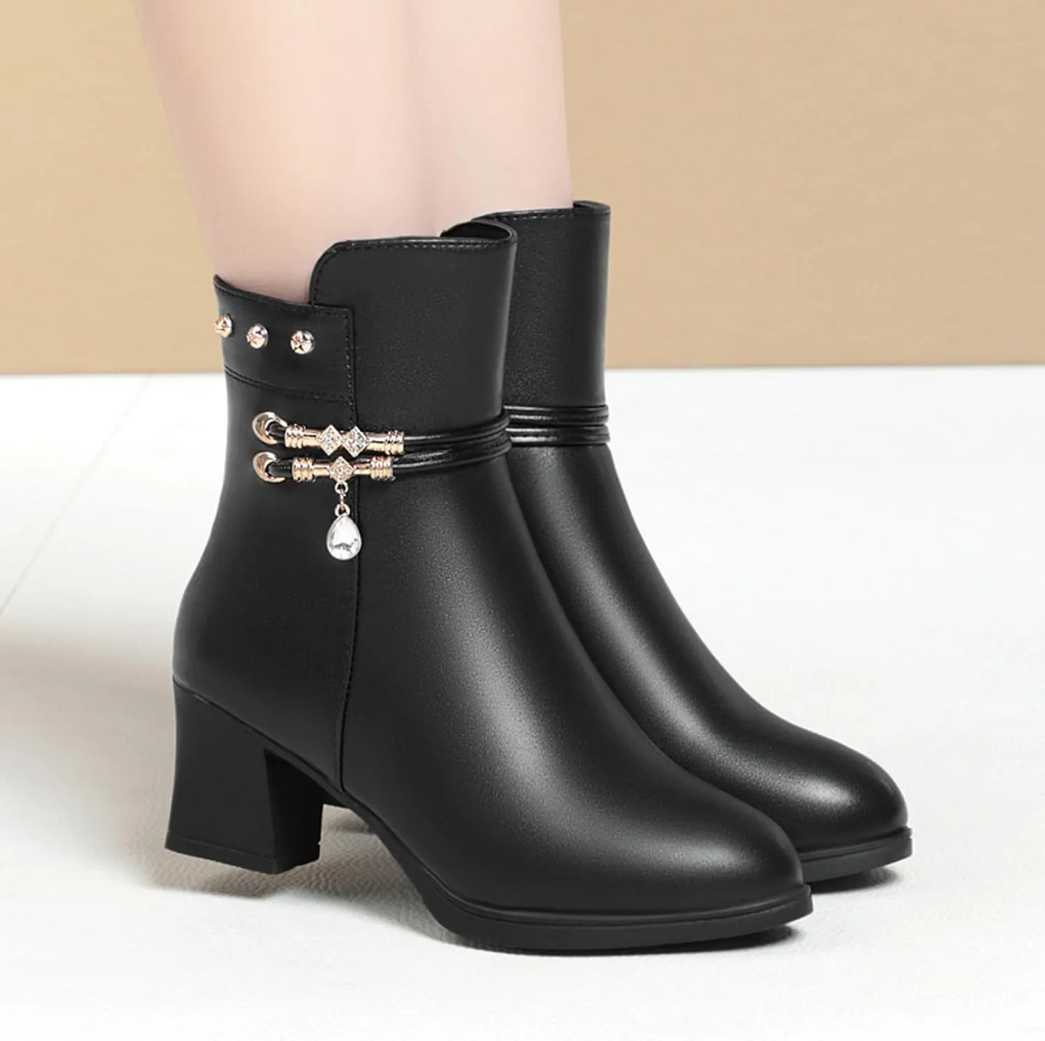 Crzidha Womens Heeled Ankle Boots,Fashion Leather Block Heel Booties Comfortable Arch Support Casual Walking Party Dance Shoes Formal Business Work Shoes with Side Zipper Stylish Rhinestones
