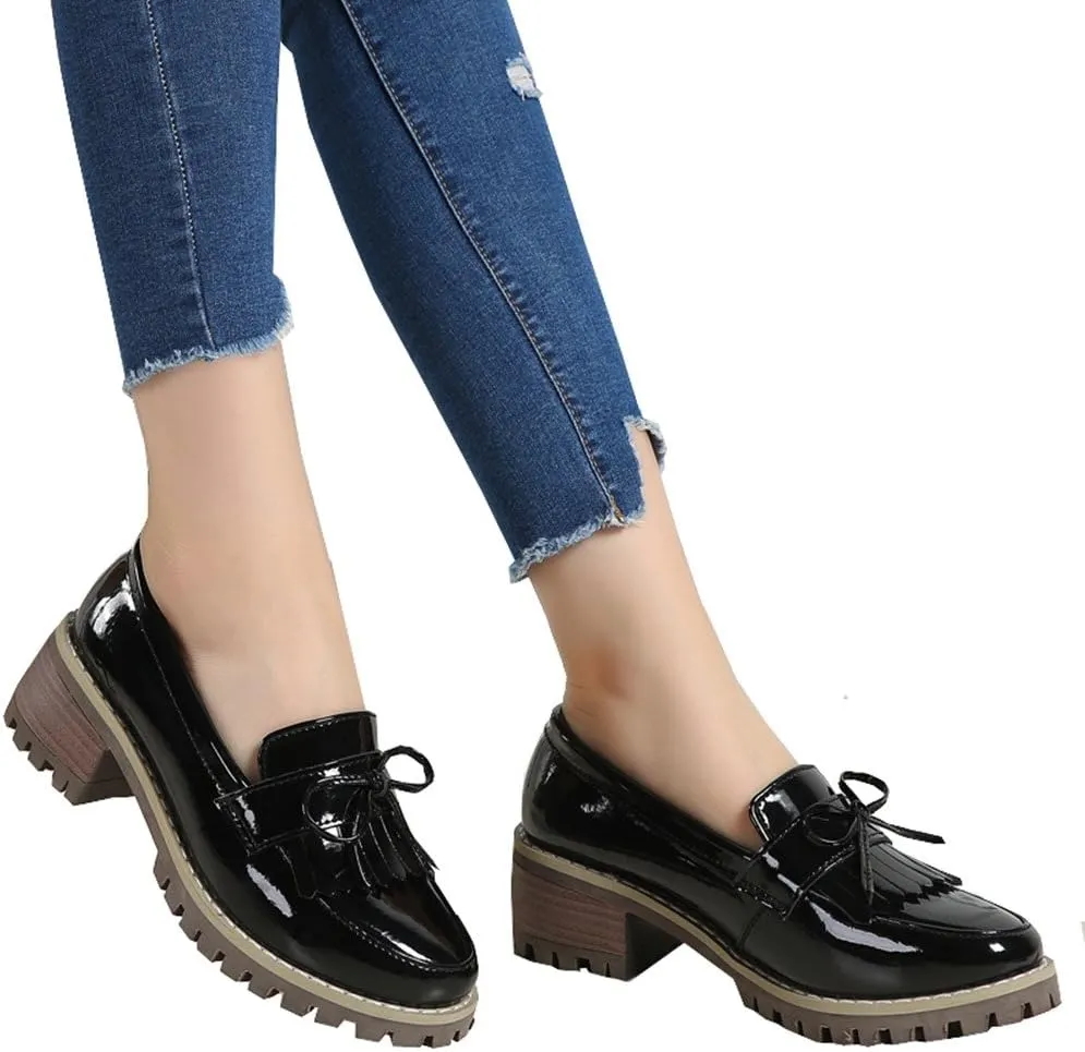DADAWEN Womens Loafers, Tassel Slip On Platform Chunky Penny Heeled Loafers for Women Dressy and Work, Womens Business Casual Shoes