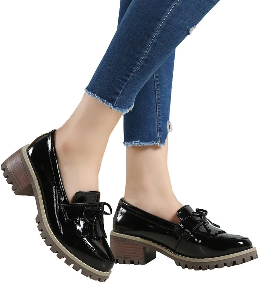 DADAWEN Womens Loafers, Tassel Slip On Platform Chunky Penny Heeled Loafers for Women Dressy and Work, Womens Business Casual Shoes
