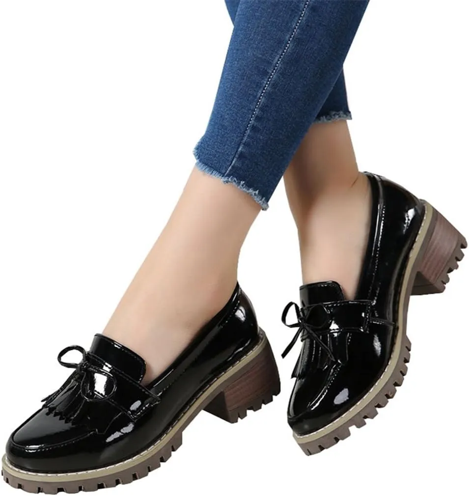 DADAWEN Womens Loafers, Tassel Slip On Platform Chunky Penny Heeled Loafers for Women Dressy and Work, Womens Business Casual Shoes