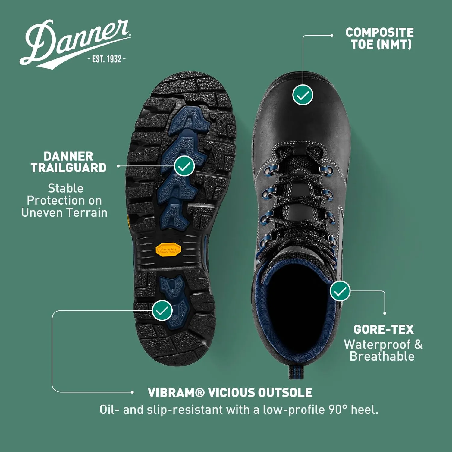 Danner Vicious 4.5” Composite Toe Work Boots for Men - Full-Grain Leather with Breathable Gore-Tex Lining, Speed Lace System & Non Slip Heel Outsole