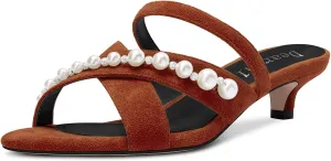 DearOnly Womens Low Kitten Heel Open Toe Cross-Strap Sandals Pearls Rhinestone Crystal Casual Slip-on Mules Shoes 1.4 Inches Heels