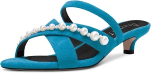 DearOnly Womens Low Kitten Heel Open Toe Cross-Strap Sandals Pearls Rhinestone Crystal Casual Slip-on Mules Shoes 1.4 Inches Heels