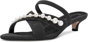 DearOnly Womens Low Kitten Heel Open Toe Cross-Strap Sandals Pearls Rhinestone Crystal Casual Slip-on Mules Shoes 1.4 Inches Heels