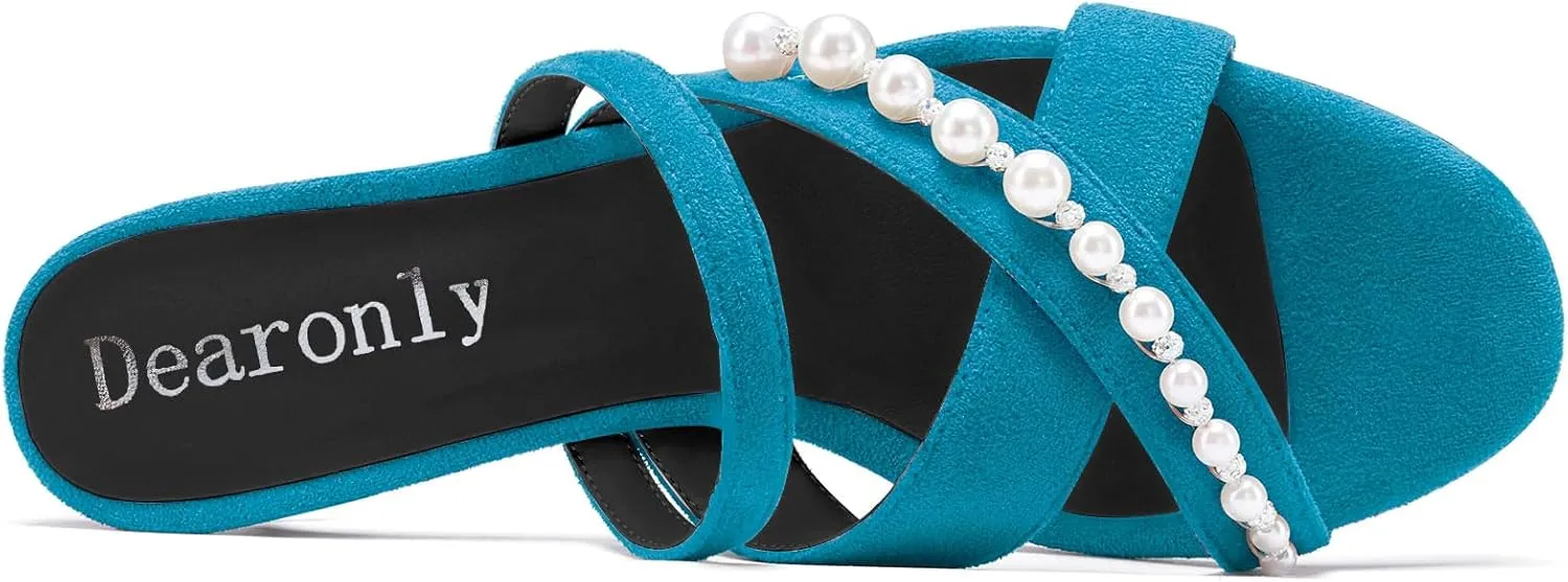DearOnly Womens Low Kitten Heel Open Toe Cross-Strap Sandals Pearls Rhinestone Crystal Casual Slip-on Mules Shoes 1.4 Inches Heels
