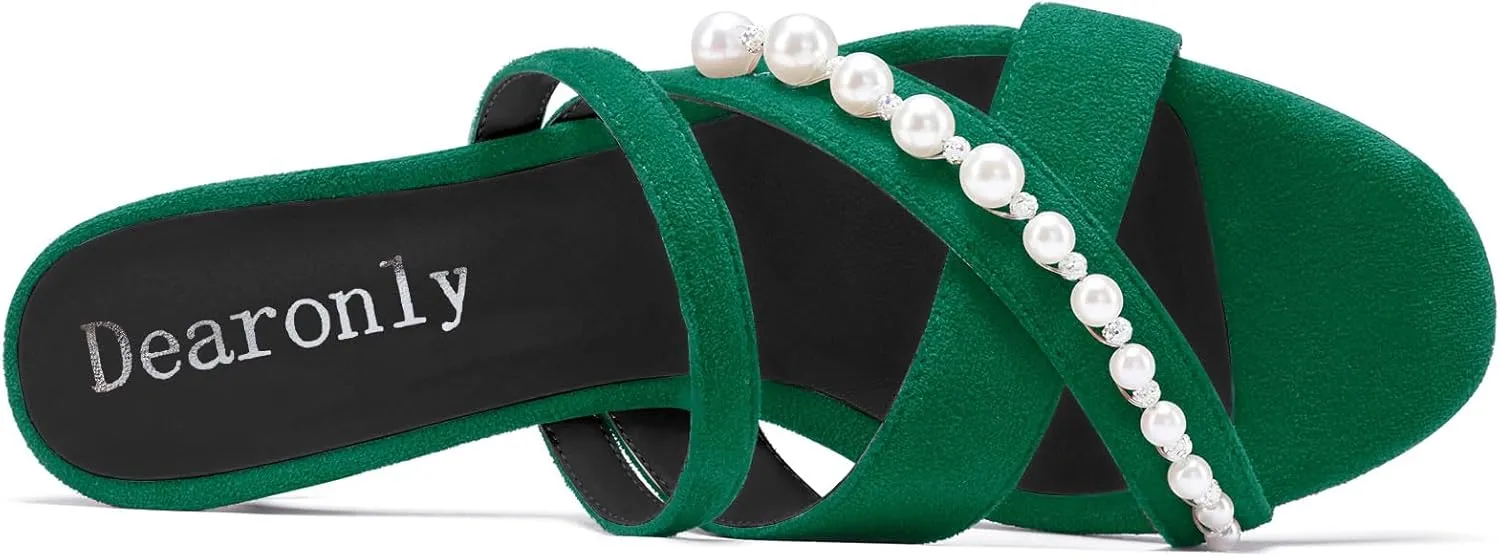 DearOnly Womens Low Kitten Heel Open Toe Cross-Strap Sandals Pearls Rhinestone Crystal Casual Slip-on Mules Shoes 1.4 Inches Heels