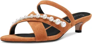 DearOnly Womens Low Kitten Heel Open Toe Cross-Strap Sandals Pearls Rhinestone Crystal Casual Slip-on Mules Shoes 1.4 Inches Heels