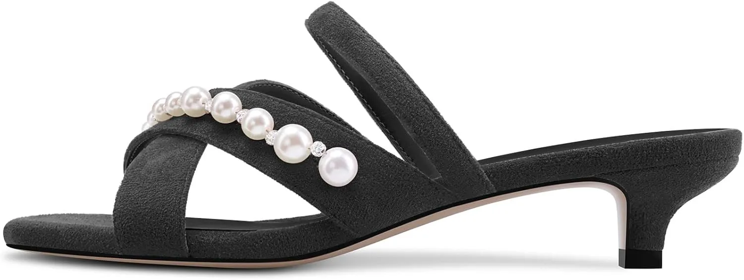 DearOnly Womens Low Kitten Heel Open Toe Cross-Strap Sandals Pearls Rhinestone Crystal Casual Slip-on Mules Shoes 1.4 Inches Heels